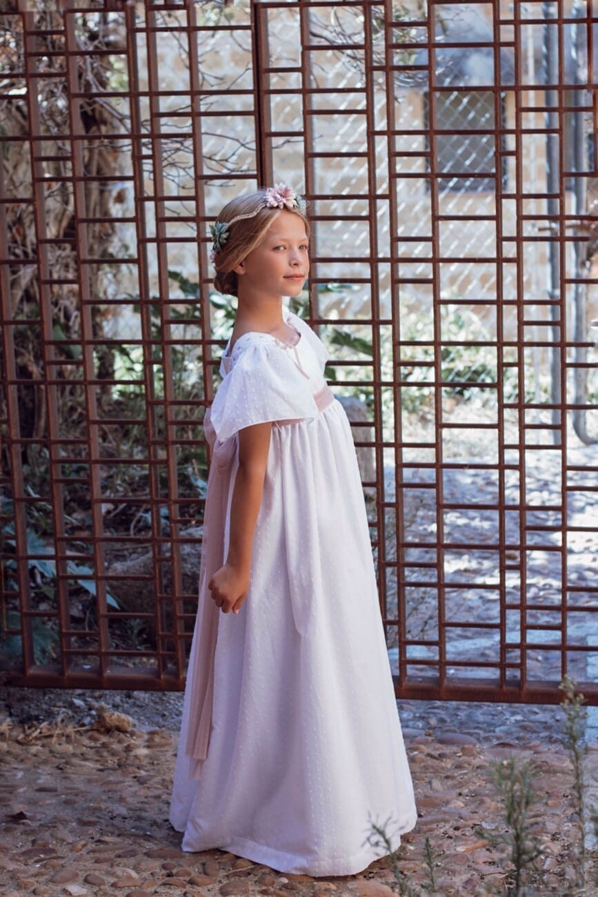 vestido de comunión JUPITER de plumeti de algodón blanco