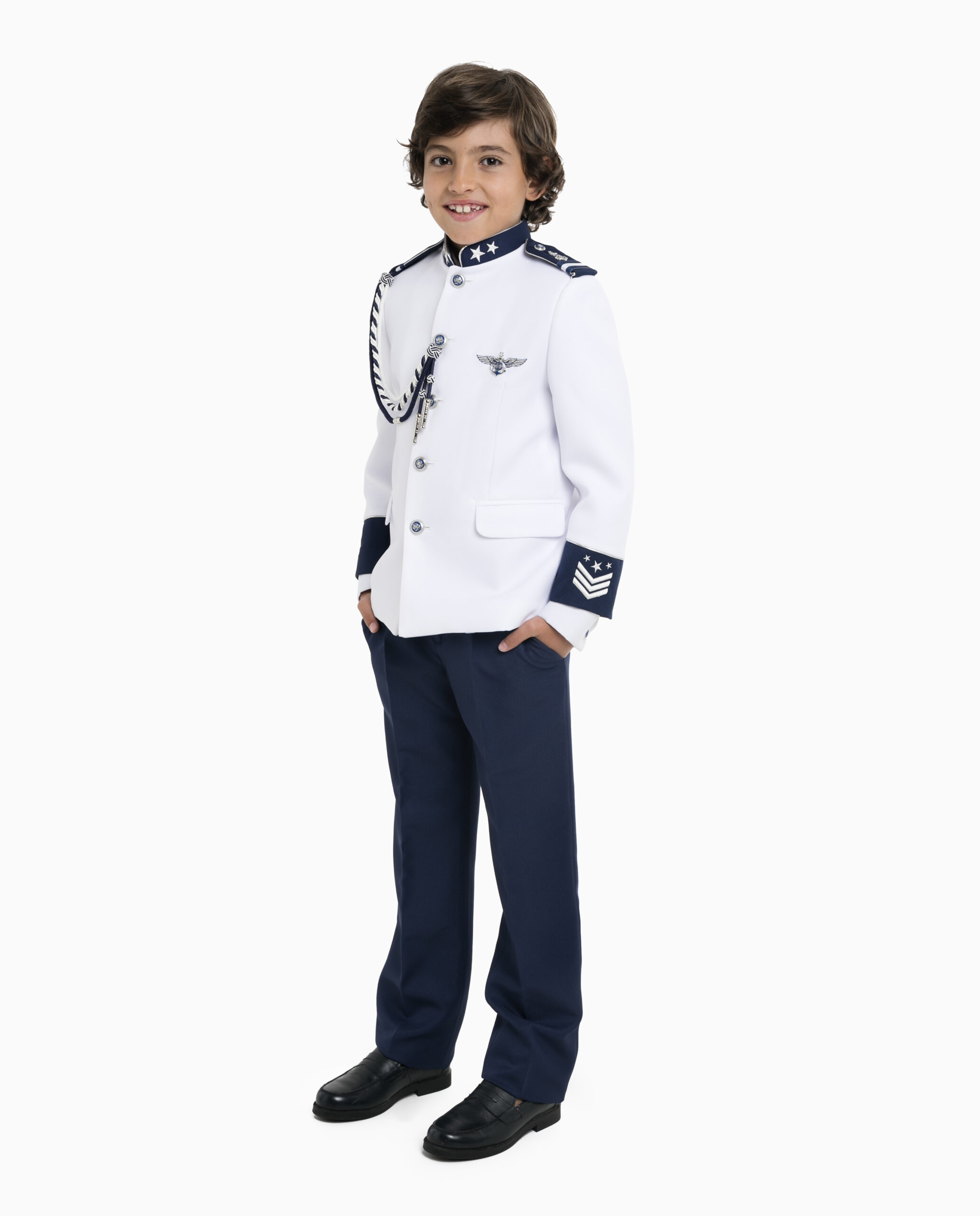 Traje de comunión Almirante HELIOS: chaqueta blanca y adornos en zul marino 1